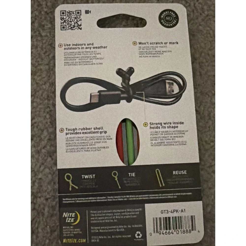 Nite Ize GearTie Reusable 3 in. Rubber Twist Tie 4 Pack Orange/Green/Red/Black